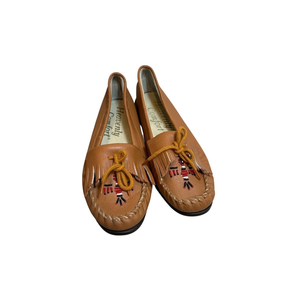 Heavenly Comfort Moccasins Beaded Leather Loafers Slip On Shoes Brown Vintage 9